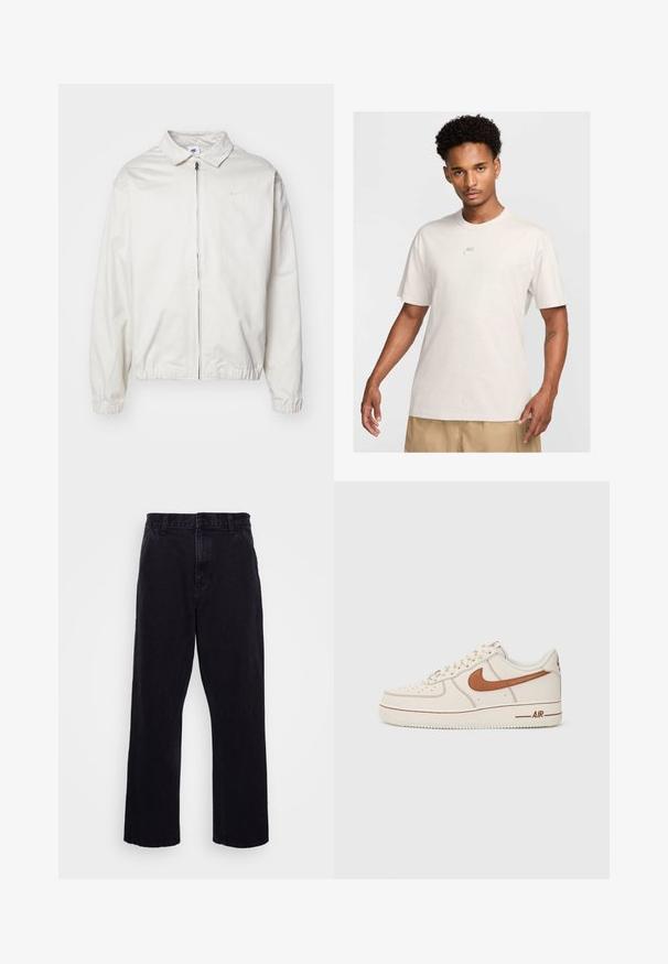 Balta, lengva Nike striukė su apykakle, priekiniais užtrauktuku, elastingomis rankogaliais ir maža logotipu kairiajame krūtinės kampe. Lygus paviršius.; Vyras su trumpais garbanotais plaukais, apsirengęs bežiniu Nike marškinėliu ir khaki šortais, stovi iškėlęs veidą priešais šviesų fono.; Juodi džinsiniai kelnių modeliai su tiesia kojų forma, turintys sagą ir užtrauktuką, diržo kilpos ir minimalūs siuvimo detalės.; Nike Air Force 1 kedai su sport su kreminės odos viršutine dalimi, rudos spalvos logotipu ir siuvinėjimo detalėmis. Savybės: suapvalintas pirštas ir tekstūruotas guminis padas.