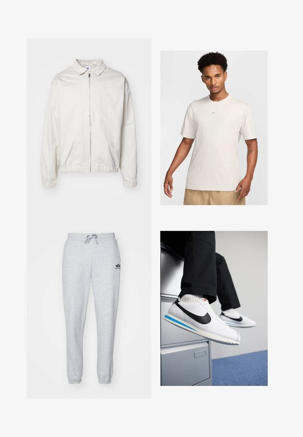 Bela, lahka Nike jakna z ovratnikom, sprednjim zadrgo, elastičnimi manšetami in majhnim logotipom na levem prsnem delu. Gladka tekstura.; Moški s kratkimi kodrastimi lasmi nosi bež Nike majico in khaki kratke hlače, obrnjeni naprej proti enostavni svetli ozadju.; Svetlo sivi trenirke z vrvico v pasu, elastičnimi manžetami in majhnim mornarsko modrim logotipom na levi stegn. Mehka, teksturirana tkanina.; Bele usnjene teniske z črnim Nikeovim simbolom, svetlo modrim in sivo gumijastim podplatom ter klasičnim vezalnim dizajnom. Noge so poležane na omarici za dokumente.