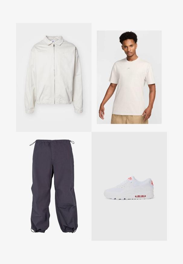 Veste Nike blanche et légère avec un col, fermeture éclair à l'avant, poignets élastiques et un petit logo sur la poitrine gauche. Texture lisse.; Homme aux cheveux bouclés courts portant un t-shirt beige Nike et un short khaki, faisant face à l'avant sur un fond clair et uni.; Pantalons imperméables gris foncé avec une taille élastique, un cordon de serrage réglable et des poignets ajustés. Texture lisse avec une conception à coupe ample.; Baskets de sport blanches avec une tige lisse, un système de laçage, une semelle rembourrée et une unité d'air visible avec des accents rouges sur le logo.