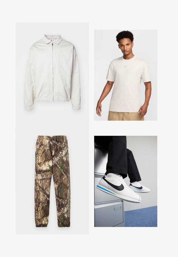 White, lightweight Nike jacket with a collared neckline, front zipper, elastic cuffs, and a small logo on the left chest. Smooth texture.; Man with short curly hair wears beige Nike t-shirt and khaki shorts, facing forward against plain light background.; Camo sweatpants with a brown and green natural pattern, featuring an elastic waistband with a drawstring and elastic cuffs at the ankles.; White leather sneakers with a black Nike swoosh, light blue and grey rubber sole, and classic lace-up design. Feet resting on a filing cabinet.