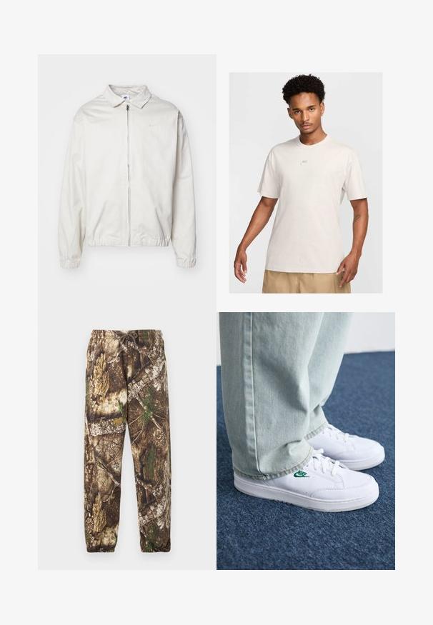 White, lightweight Nike jacket with a collared neckline, front zipper, elastic cuffs, and a small logo on the left chest. Smooth texture.; Man with short curly hair wears beige Nike t-shirt and khaki shorts, facing forward against plain light background.; Camo sweatpants with a brown and green natural pattern, featuring an elastic waistband with a drawstring and elastic cuffs at the ankles.; White leather sneakers with green Nike logo, round toe, flat sole, paired with light blue denim pants, shown on a blue carpet.