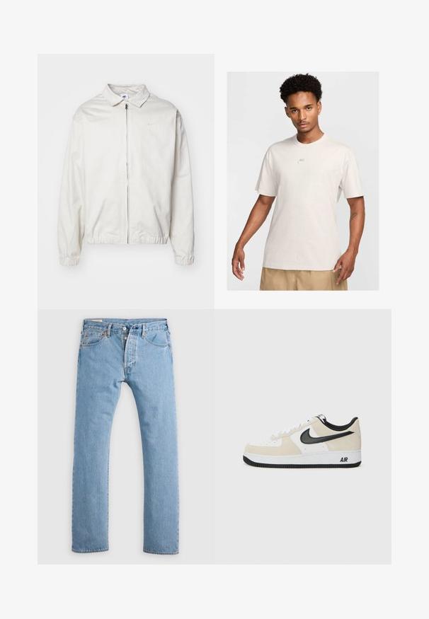 Casaco Nike branco e leve, com gola, fecho frontal, punhos elásticos e um pequeno logótipo no lado esquerdo do peito. Textura suave.; Homem com cabelo curto e encaracolado usa uma t-shirt bege da Nike e calções caqui, virado para a frente contra um fundo claro simple.; Jeans de denim de corte straight-leg em azul claro, com fecho de botão, passantes para cinto e bolsos frontais e traseiros, apresentados sobre um fundo branco.; Sapatilhas com parte superior em camurça bege claro e couro branco, swoosh da Nike em preto, detalhes em preto e uma sola de borracha branca com a marca "AIR".
