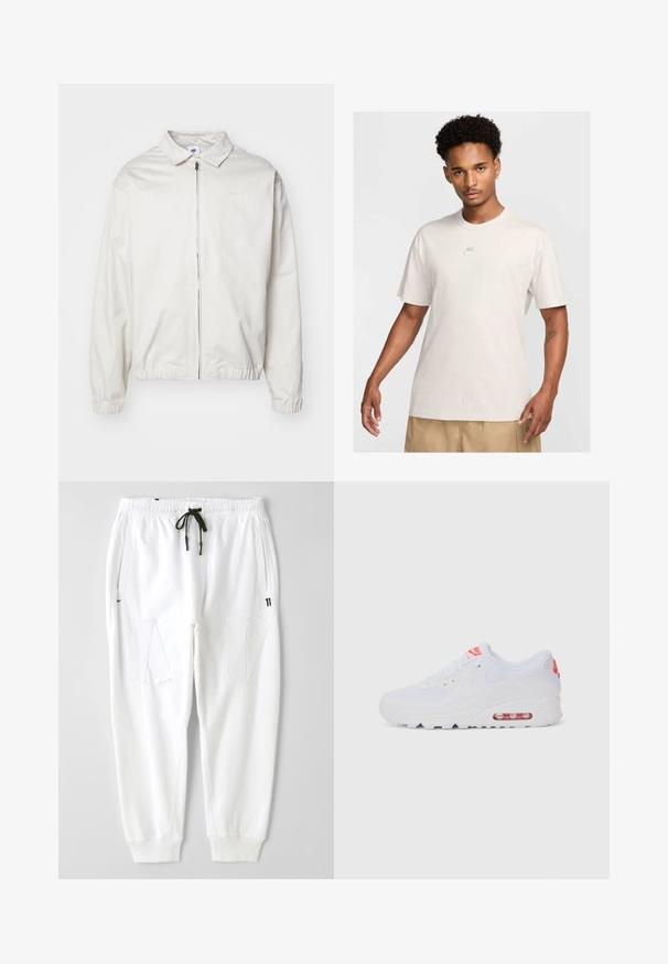 Witte, lichte Nike-jack met een kraag, een rits aan de voorkant, elastische manchetten en een klein logo op de linkerkant van de borst. Glad oppervlak.; Man met kort krullend haar draagt een beige Nike t-shirt en kaki shorts, kijkt recht vooruit tegen een eenvoudige lichte achtergrond.; Witte katoenen sweatpants met een relaxed fit, voorzien van zijzakken en twee textuuraccenten in een diagonale snit. Elastische tailleband met trekkoord.; Witte sportieve sneaker met een gladde bovenkant, vetersluiting, gevoerde zool en een zichtbare luchtunit met rode accenten op de branding.