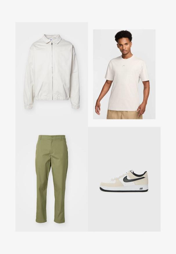 Witte, lichte Nike-jack met een kraag, een rits aan de voorkant, elastische manchetten en een klein logo op de linkerkant van de borst. Glad oppervlak.; Man met kort krullend haar draagt een beige Nike t-shirt en kaki shorts, kijkt recht vooruit tegen een eenvoudige lichte achtergrond.; Olijfgroene broek met een rechte pasvorm, voorzien van een knoopsluiting en een op maat gemaakte uitstraling. Glad materiaal zonder zichtbare patronen.; Sneakers met een lichtbeige suède en witte leren bovenkant, zwarte Nike swoosh, zwarte accenten en een witte rubberen zool met "AIR" branding.