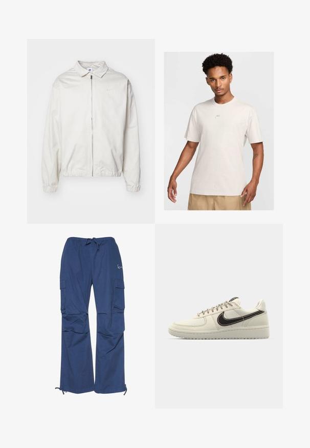 Bela, lahka Nike jakna z ovratnikom, sprednjim zadrgo, elastičnimi manšetami in majhnim logotipom na levem prsnem delu. Gladka tekstura.; Moški s kratkimi kodrastimi lasmi nosi bež Nike majico in khaki kratke hlače, obrnjeni naprej proti enostavni svetli ozadju.; Modre cargo hlače iz bombaža, z elastičnim pasom, dvema stranskima žepoma in ohlapnim krojem z manšetami pri gležnjih.; Beige usnjeni športniki z belo gumijasto podlogo, ki imajo temno rjavo odbojnico, šivane detajle in sivo vezalke.