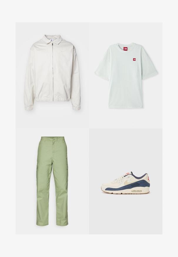 Hvit, lett Nike-jakke med kragehals, glidelås foran, elastiske mansjetter og en liten logo på venstre bryst. Glatt tekstur.; Lys grønn kortermet t-skjorte laget av myk bomull, med et lite rødt logomerke på venstre brystområde. Avslappet passform og rund hals.; Lys grønn cargo-bukse laget av slitesterkt stoff, med rette ben, to sidelommer og knappelukking i livet.; Sko med overdel i kremfarget lær og marineblå semsket skinn, med synlig luftsåle, beige gummisåle og rød detalj på hælen.