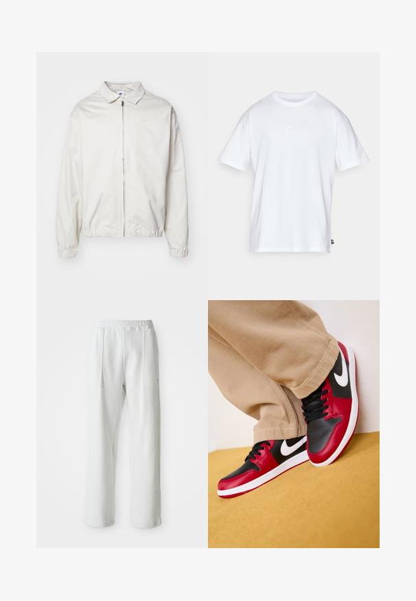 Fehér, könnyű Nike dzseki, galléros nyakkal, elöl cipzárral, elasztikus mandzsettákkal és kis logóval a bal melle részén. Simaszerű textúra.; Fehér pamut póló, rövid ujjakkal és kerek nyakkivágással. Jellemzője egy kis, diszkrét Nike logó a mellkason és egy oldalsó címke.; Fehér, laza nadrág, elasztikus derékpánttal és nagy elülső zsebekkel, egy egyszerű, világos háttéren kiemelve.; Piros és fekete bőr sportcipők fehér részletekkel, alacsony fazonnal, kerek orral és fekete fűzővel, sárga háttér előtt.