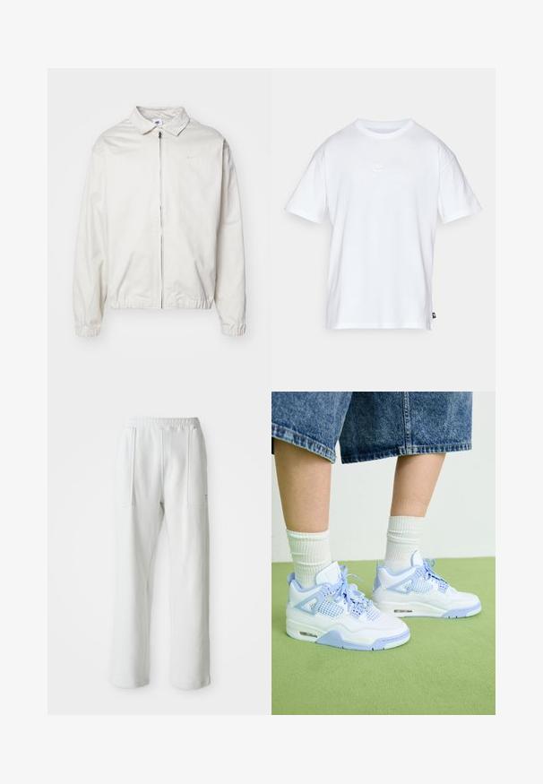 Vit, lättvikts Nike-jacka med krage, dragkedja framtill, elastiska ärmslut och en liten logotyp på vänster bröst. Slät textur.; Vit bomull t-shirt med korta ärmar och rund hals. Har en liten, diskret Nike-logotyp på bröstet och en sidetikett.; Vita casualbyxor med elastisk midja och stora framfickor, visade mot en enkel ljus bakgrund.; Vita och ljusblå sneakers med nätdetaljer, rundad tå, snörning och en luftdämpande enhet, kombinerat med vita ribbade strumpor och denimshorts.