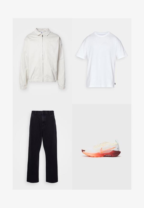 Fehér, könnyű Nike dzseki, galléros nyakkal, elöl cipzárral, elasztikus mandzsettákkal és kis logóval a bal melle részén. Simaszerű textúra.; Fehér pamut póló, rövid ujjakkal és kerek nyakkivágással. Jellemzője egy kis, diszkrét Nike logó a mellkason és egy oldalsó címke.; Fekete farmernadrág egyenes szárú kialakítással, gombos és cipzáros záródással, övzőkór és minimális varrási részletekkel.; Nike Performance REACTX PEGASUS 5 GTX - Terepfutó cipők - sail/hyper crimson/glacier blue/dark team red/silt red