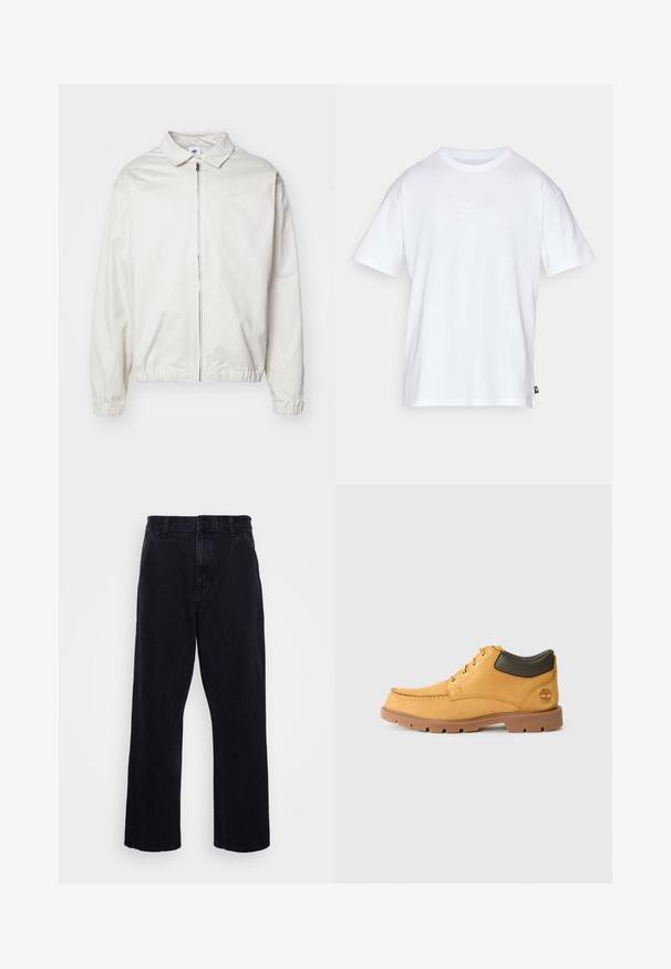 Valkoinen, kevyt Nike-takki, jossa on kauluksellinen kaula-aukko, etuvetoketju, joustavat hihansuut ja pieni logo vasemmalla rinnalla. Sujuva pinta.; Valkoinen puuvillainen t-paita, jossa on lyhyet hihat ja pyöreä kaula-aukko. Paidassa on pieni, huomaamaton Nike-logo rinnassa ja sivulappu.; Mustat farkut suoran lahkeiden muotoilulla, jossa on nappi- ja vetoketjukiinnitys, vyölenkit ja vähäiset ompeluyksityiskohdat.; Keltainen nahkakenkä ruskealla kumipohjalla, pyöreällä kärjellä ja vihreällä nahkasaumalla nilkassa. Ominaisuuksia ovat kultaiset reiät ja ompeluakkentit.