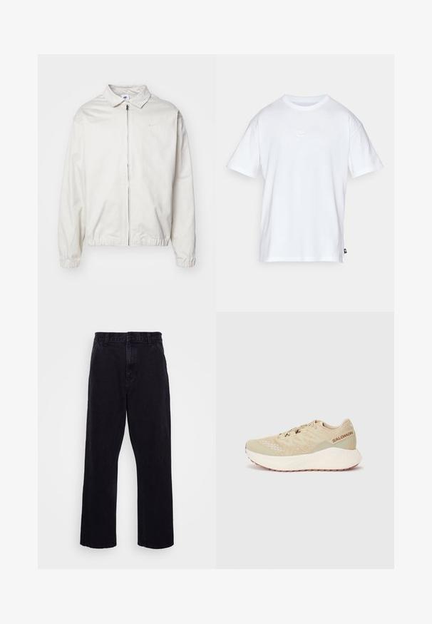 Veste Nike blanche et légère avec un col, fermeture éclair à l'avant, poignets élastiques et un petit logo sur la poitrine gauche. Texture lisse.; T-shirt en coton blanc à manches courtes et col rond. Présente un petit logo Nike subtil sur la poitrine et une étiquette sur le côté.; Pantalons en denim noir avec une coupe droite, dotés d'une fermeture à bouton et à zip, de passants de ceinture et de coutures minimales.; Baskets de course beiges avec une tige en mesh texturé, un design à lacets, un col rembourré et une semelle intermédiaire blanche avec une semelle extérieure à motifs.