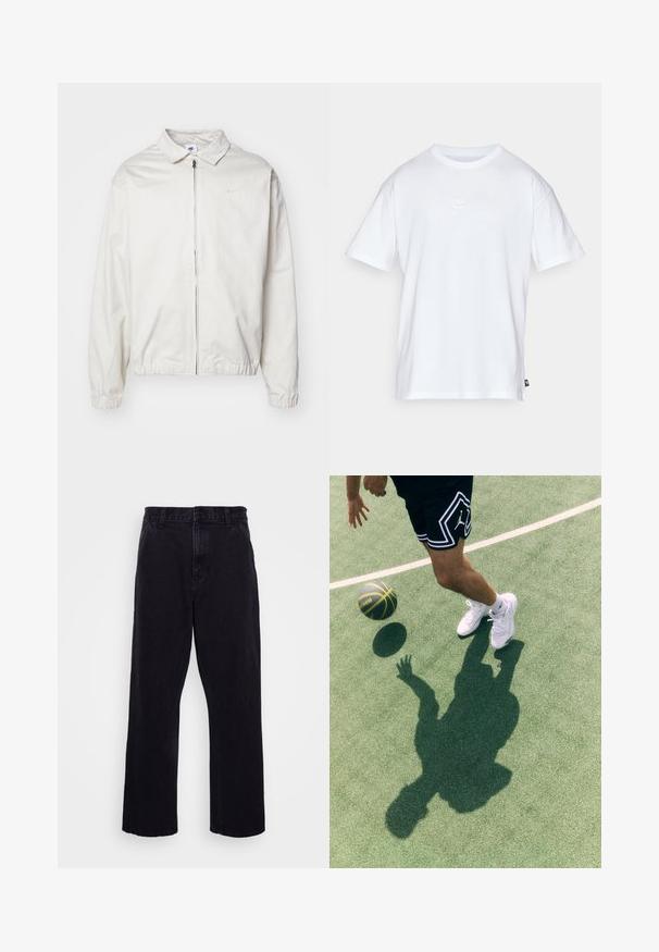 Valge, kerge Nike jakk, milles on krae, ees lukk, elastsed mansetid ja väike logo vasakul rinnal. Sile tekstuur.; Valge puuvillane t-särk lühikeste varrukatega ja ümmarguse kaelusega. Sellega on kaasas väike, tagasihoidlik Nike logo rinnal ja külgmine silt.; Mustad denimitüüpi püksid otse lõikega, varustatud nööbi ja tõmbluku kinnitusega, vöörihmadega ning minimaalsete õmbluse detailidega.; Mustad mustad lühikesed püksid valge äärise ja logoga, valged sport kingad ja korvpall hüppe peal rohelisel väljakul, kus on nähtav vari.