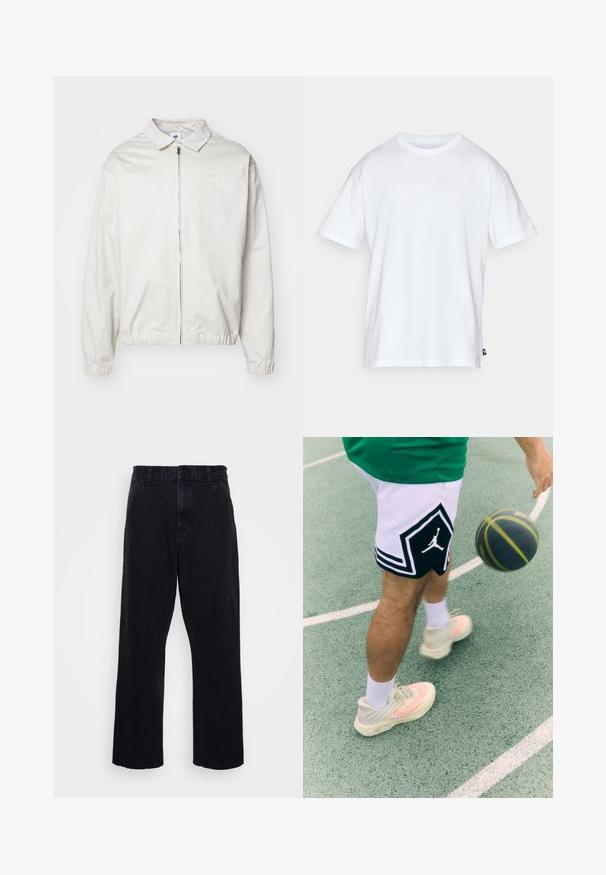 Vit, lättvikts Nike-jacka med krage, dragkedja framtill, elastiska ärmslut och en liten logotyp på vänster bröst. Slät textur.; Vit bomull t-shirt med korta ärmar och rund hals. Har en liten, diskret Nike-logotyp på bröstet och en sidetikett.; Svarta denimbyxor med rak ben-design, med knapp- och dragkedjestängning, bältesöglor och minimala sömdetaljer.; Svartvita basketshorts med diamantdesign och logotyp. Ljusfärgade sneakers med virvlande mönster och accentlinjer. Basketboll i rörelse.