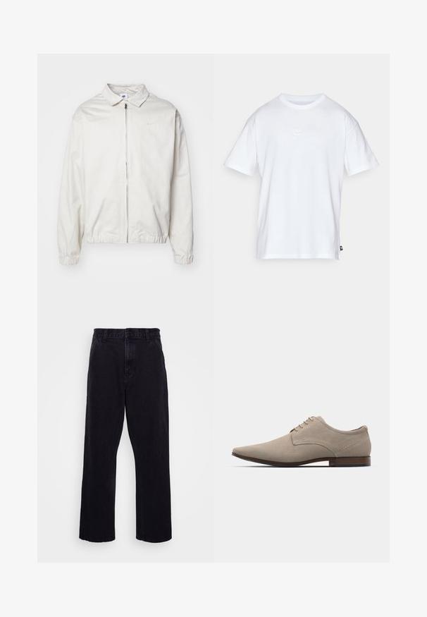 Biała, lekka kurtka Nike z kołnierzykiem, zamek błyskawiczny z przodu, elastycznymi mankietami oraz małym logo na lewej piersi. Gładka faktura.; Biała bawełniana koszulka z krótkim rękawem i okrągłym dekoltem. Posiada małe, dyskretne logo Nike na piersi oraz metkę po boku.; Czarne dżinsowe spodnie o prostym kroju, z zapięciem na guzik i zamek błyskawiczny, szlufkami na pasek oraz minimalnymi detalami w szwach.; Beżowe sznurowane buty wykonane z miękkiego zamszu, z ostrym noskiem, minimalnym przeszyciem i drewnianym obcasem. Gładka faktura i prosty design.
