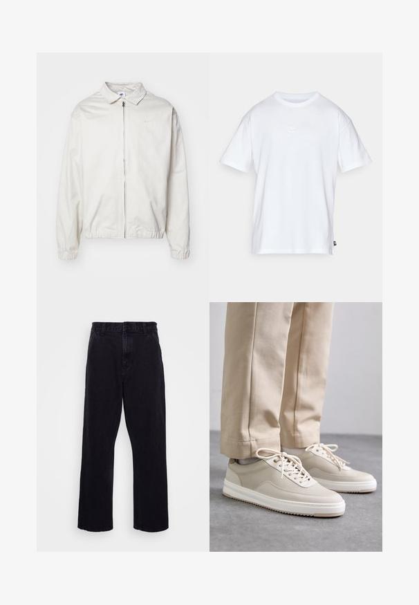 Biała, lekka kurtka Nike z kołnierzykiem, zamek błyskawiczny z przodu, elastycznymi mankietami oraz małym logo na lewej piersi. Gładka faktura.; Biała bawełniana koszulka z krótkim rękawem i okrągłym dekoltem. Posiada małe, dyskretne logo Nike na piersi oraz metkę po boku.; Czarne dżinsowe spodnie o prostym kroju, z zapięciem na guzik i zamek błyskawiczny, szlufkami na pasek oraz minimalnymi detalami w szwach.; Beżowe sneakersy z teksturowaną cholewką, białą podeszwą i przeszyciami, w zestawie z beżowymi spodniami, eksponowane na szarej powierzchni.