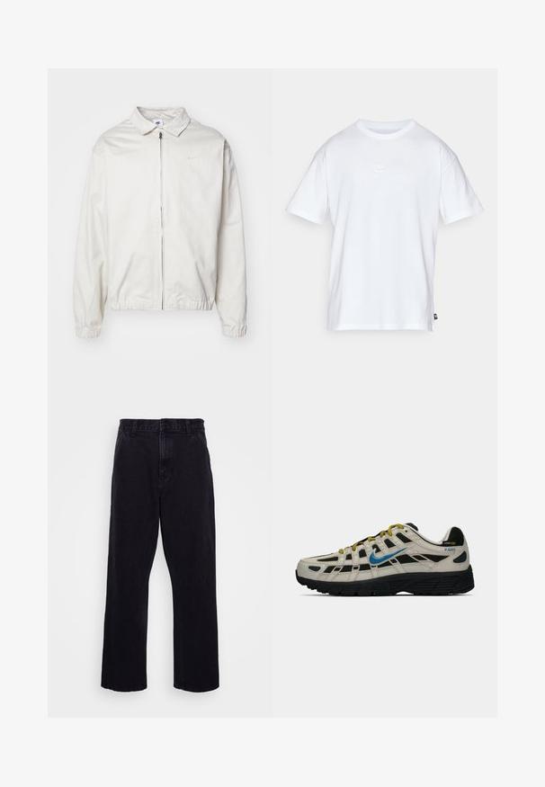 Casaco Nike branco e leve, com gola, fecho frontal, punhos elásticos e um pequeno logótipo no lado esquerdo do peito. Textura suave.; T-shirt de algodão branco com mangas curtas e decote redondo. Apresenta um pequeno e discreto logótipo da Nike no peito e uma etiqueta lateral.; Calças de denim pretas com um design de perna reta, apresentando um fecho de botão e zíper, passantes para cinto e detalhes de costura mínimos.; Sapatilha Nike P-6000 em bege e preto com swoosh azul, atacadores amarelos, sola preta e etiqueta de tecido Cordura no calcanhar.