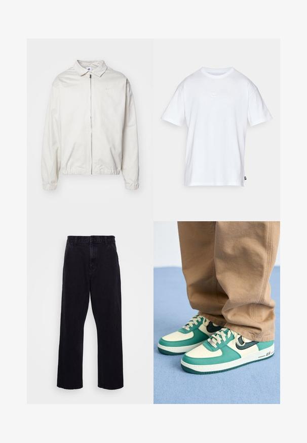 Biela, ľahká bunda Nike s golierom, predným zipsom, elastickými manžetami a malým logom na ľavej strane hrudníka. Hladká textúra.; Biela bavlnená tričko s krátkymi rukávmi a okrúhlym výstrihom. Obsahuje malé, jemné logo Nike na hrudi a božnú nálepku.; Čierne džínsy s rovného strihu, ktoré majú zapínanie na gombík a zips, pútka na opasok a minimálne švy.; Nike Sportswear AIR FORCE 1 07 LV8 - Tenisky - black/vintage green