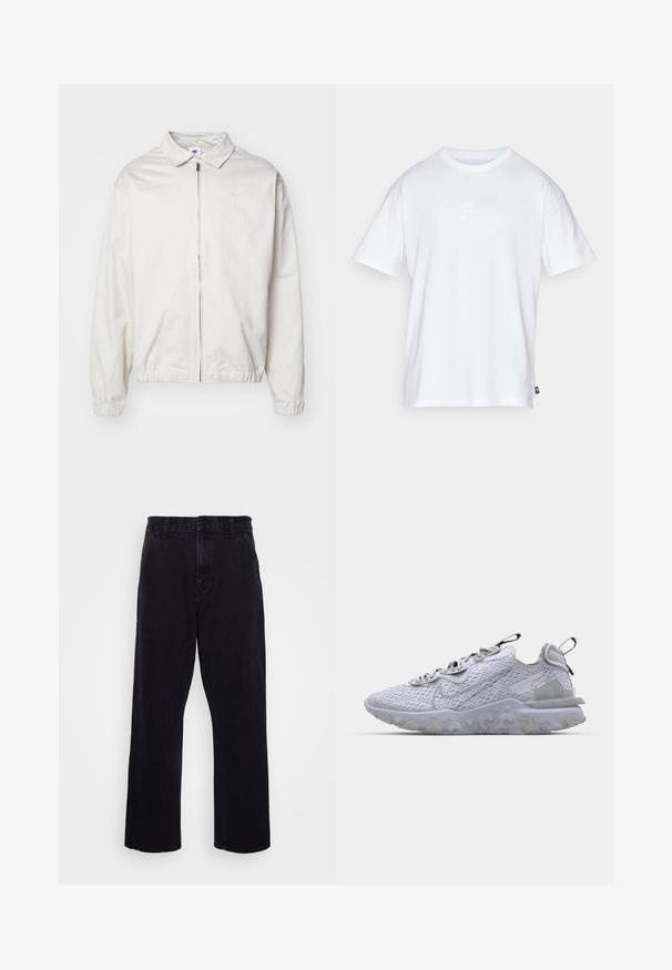 White, lightweight Nike jacket with a collared neckline, front zipper, elastic cuffs, and a small logo on the left chest. Smooth texture.; White cotton t-shirt with short sleeves and a round neck. Features a small, subtle Nike logo on the chest and a side label.; Black denim trousers with a straight leg design, featuring a button and zip closure, belt loops, and minimal stitching details.; Light gray athletic shoe with a breathable mesh upper, textured rubber sole, and reflective accents. Features a cushioned collar and lace-up design.