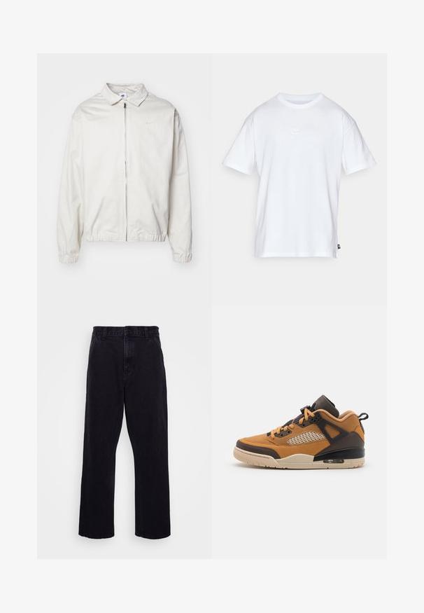 Casaco Nike branco e leve, com gola, fecho frontal, punhos elásticos e um pequeno logótipo no lado esquerdo do peito. Textura suave.; T-shirt de algodão branco com mangas curtas e decote redondo. Apresenta um pequeno e discreto logótipo da Nike no peito e uma etiqueta lateral.; Calças de denim pretas com um design de perna reta, apresentando um fecho de botão e zíper, passantes para cinto e detalhes de costura mínimos.; Sapatilha de camurça e pele castanha com detalhes em rede, bico arredondado e entressola em creme. Apresenta atacadores em tom de tan e suporte de calcanhar escuro.