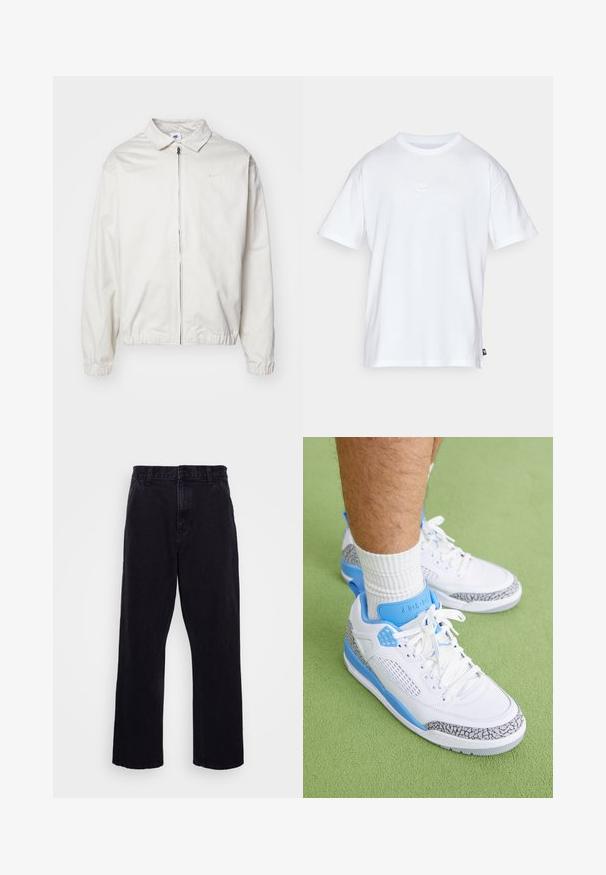 Biała, lekka kurtka Nike z kołnierzykiem, zamek błyskawiczny z przodu, elastycznymi mankietami oraz małym logo na lewej piersi. Gładka faktura.; Biała bawełniana koszulka z krótkim rękawem i okrągłym dekoltem. Posiada małe, dyskretne logo Nike na piersi oraz metkę po boku.; Czarne dżinsowe spodnie o prostym kroju, z zapięciem na guzik i zamek błyskawiczny, szlufkami na pasek oraz minimalnymi detalami w szwach.; Jordan JORDAN SPIZIKE biały