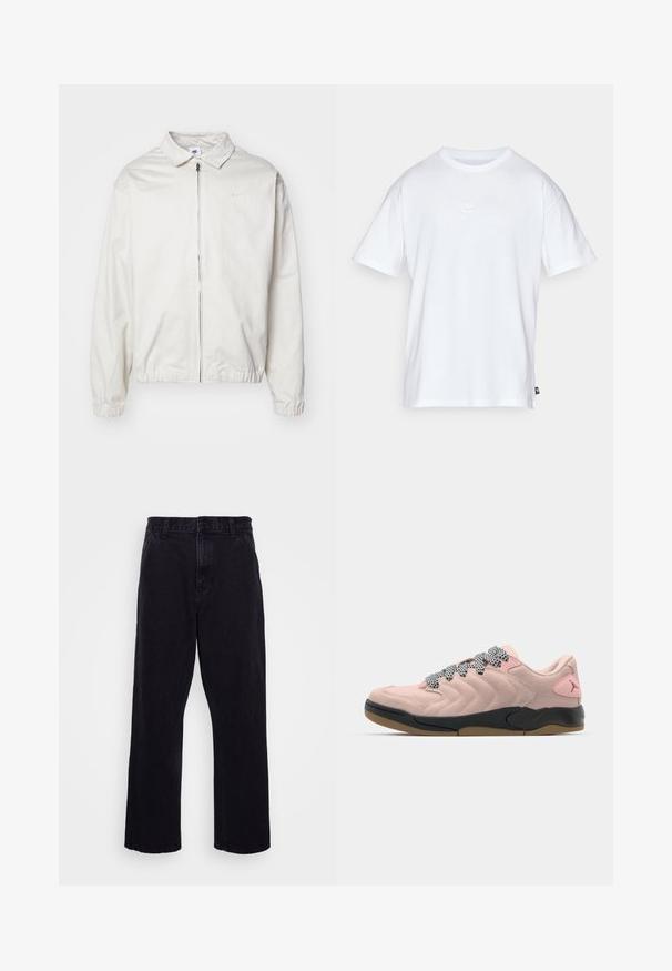 Balta, viegla Nike jaka ar apkakles kaklu, priekšējo rāvējslēdzēju, elastīgām piedurknēm un mazu logotipu kreisajā krūtī. Gluda tekstūra.; Balts kokvilnas T-krekls ar īsām piedurknēm un apaļu kakla izgriezumu. Uz krūtīm ir maza, diskrēta Nike logo un sānu birka.; Melnu džinsu bikses ar taisnu kāju dizainu, ar pogu un rāvējslēdzēju, jostu cilpām un minimālu šuvju detaļām.; Rozā suede kedas ar melnu gumijas zoli, zigzaga dizainu un melnbaltām rakstainām auklēm. Veiksmīgi iekļauta diskrēta zīmola atzīme uz papēža.