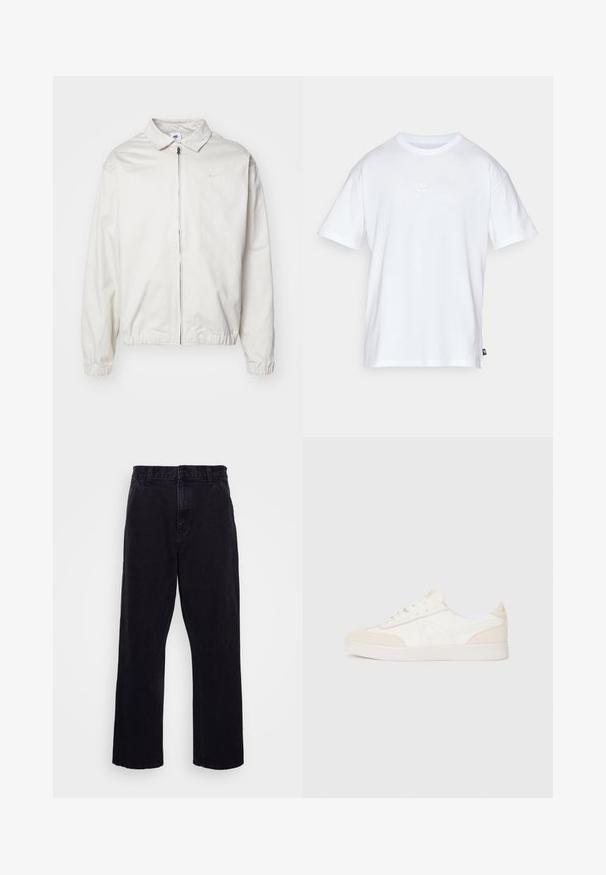 Valkoinen, kevyt Nike-takki, jossa on kauluksellinen kaula-aukko, etuvetoketju, joustavat hihansuut ja pieni logo vasemmalla rinnalla. Sujuva pinta.; Valkoinen puuvillainen t-paita, jossa on lyhyet hihat ja pyöreä kaula-aukko. Paidassa on pieni, huomaamaton Nike-logo rinnassa ja sivulappu.; Mustat farkut suoran lahkeiden muotoilulla, jossa on nappi- ja vetoketjukiinnitys, vyölenkit ja vähäiset ompeluyksityiskohdat.; Valkoiset lenkkarit, joissa on beige mokkanahkaaccentit, teksturoitu päällinen, pyöreä kärki, tasainen pohja ja voimakkaat nauhat. Minimaalistinen muotoilu, jossa on logotieto.