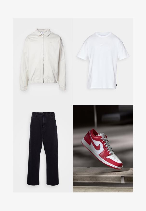 Casaco Nike branco e leve, com gola, fecho frontal, punhos elásticos e um pequeno logótipo no lado esquerdo do peito. Textura suave.; T-shirt de algodão branco com mangas curtas e decote redondo. Apresenta um pequeno e discreto logótipo da Nike no peito e uma etiqueta lateral.; Calças de denim pretas com um design de perna reta, apresentando um fecho de botão e zíper, passantes para cinto e detalhes de costura mínimos.; Sapatilha Nike vermelha e branca a pairar acima de um banco de pedra em um ambiente interno suavemente iluminado.