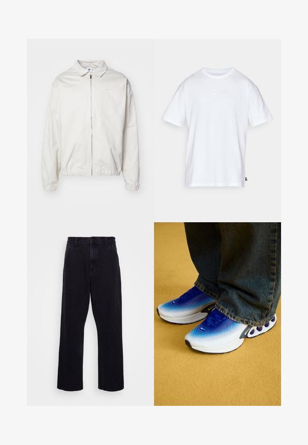 Fehér, könnyű Nike dzseki, galléros nyakkal, elöl cipzárral, elasztikus mandzsettákkal és kis logóval a bal melle részén. Simaszerű textúra.; Fehér pamut póló, rövid ujjakkal és kerek nyakkivágással. Jellemzője egy kis, diszkrét Nike logó a mellkason és egy oldalsó címke.; Fekete farmernadrág egyenes szárú kialakítással, gombos és cipzáros záródással, övzőkór és minimális varrási részletekkel.; Gradient kék és fehér hálós felsőrészű sportcipő, párnázott nyakkal és jellegzetes, kör alakú részletekkel ellátott talppal. Farmernadrággal viselve.