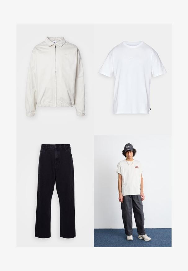 White, lightweight Nike jacket with a collared neckline, front zipper, elastic cuffs, and a small logo on the left chest. Smooth texture.; White cotton t-shirt with short sleeves and a round neck. Features a small, subtle Nike logo on the chest and a side label.; Black denim trousers with a straight leg design, featuring a button and zip closure, belt loops, and minimal stitching details.; White cotton t-shirt with red Nike SB logo, gray cargo pants with pockets, and a black cap featuring white text, paired with beige sneakers.