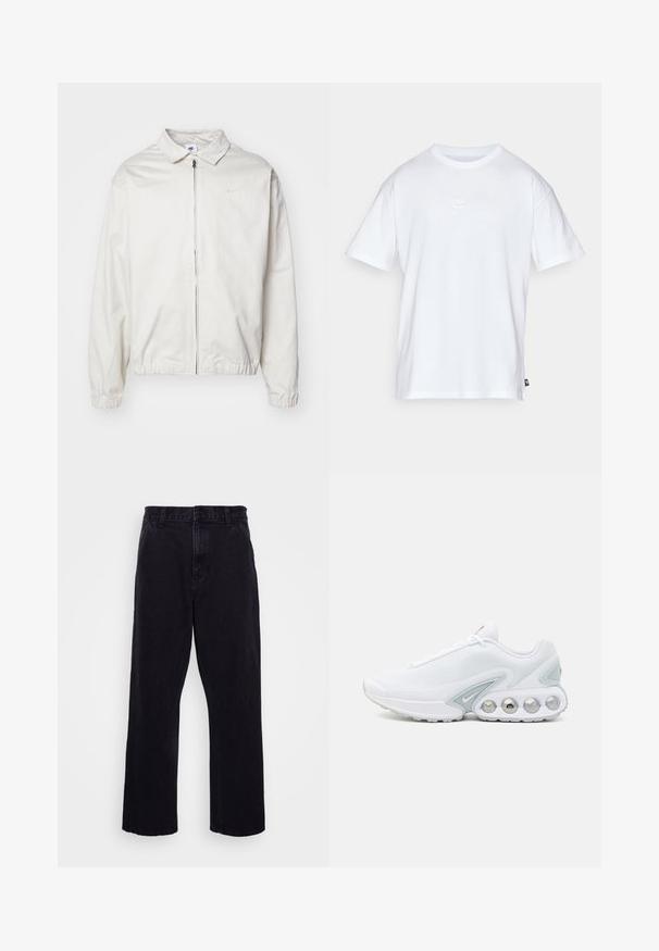 Valge, kerge Nike jakk, milles on krae, ees lukk, elastsed mansetid ja väike logo vasakul rinnal. Sile tekstuur.; Valge puuvillane t-särk lühikeste varrukatega ja ümmarguse kaelusega. Sellega on kaasas väike, tagasihoidlik Nike logo rinnal ja külgmine silt.; Mustad denimitüüpi püksid otse lõikega, varustatud nööbi ja tõmbluku kinnitusega, vöörihmadega ning minimaalsete õmbluse detailidega.; Valge võrgusilmast toss, hallide aktsentidega, ümarate varvastega ja nähtava pehmendusega tallaga, millel on ringikujulised õhupesad ja bränditud detail.