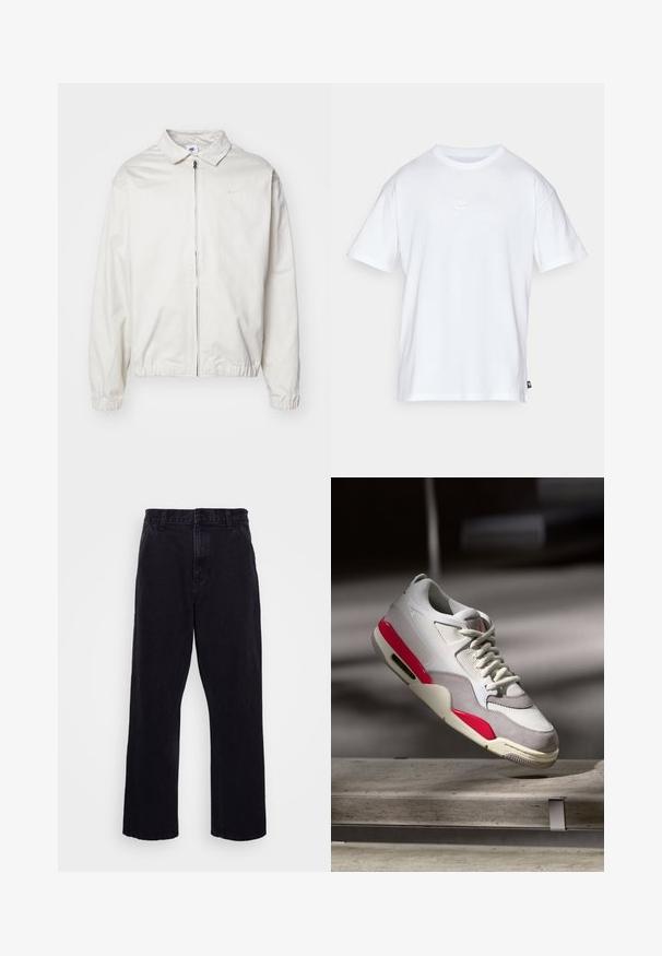 Casaco Nike branco e leve, com gola, fecho frontal, punhos elásticos e um pequeno logótipo no lado esquerdo do peito. Textura suave.; T-shirt de algodão branco com mangas curtas e decote redondo. Apresenta um pequeno e discreto logótipo da Nike no peito e uma etiqueta lateral.; Calças de denim pretas com um design de perna reta, apresentando um fecho de botão e zíper, passantes para cinto e detalhes de costura mínimos.; Sapatilha cinza-claro e branca com detalhes em rosa e malha texturizada. Apresenta um design aerodinâmico e sola de borracha com amortecimento de ar.