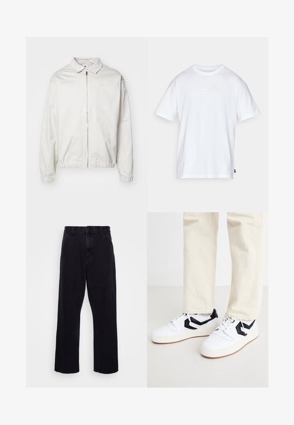 White, lightweight Nike jacket with a collared neckline, front zipper, elastic cuffs, and a small logo on the left chest. Smooth texture.; White cotton t-shirt with short sleeves and a round neck. Features a small, subtle Nike logo on the chest and a side label.; Black denim trousers with a straight leg design, featuring a button and zip closure, belt loops, and minimal stitching details.; White sneakers featuring a black geometric design, textured upper, and a chunky white sole with a light brown tread.