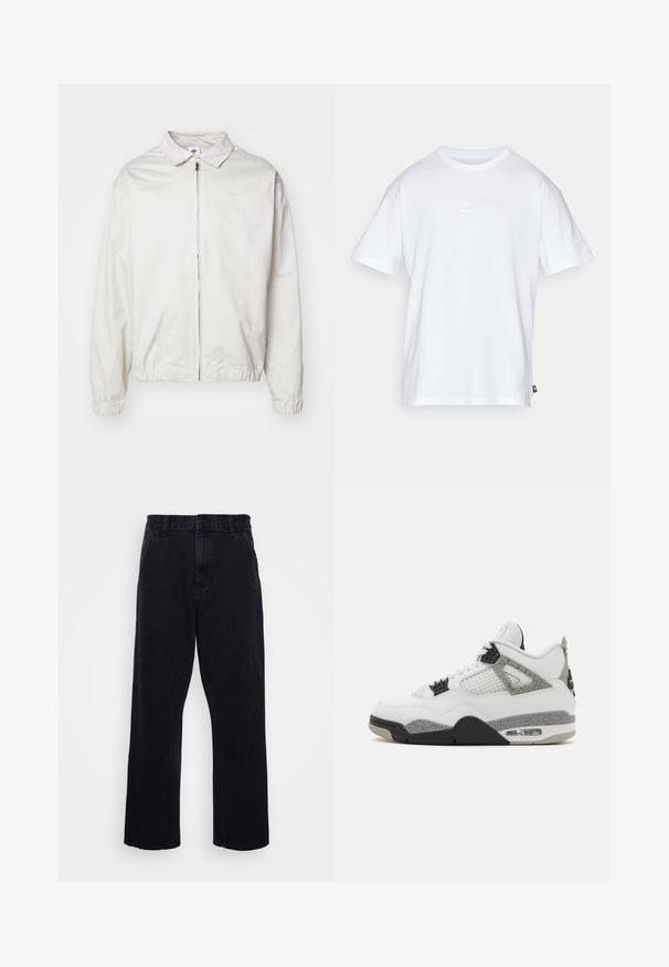 Bela, lahka Nike jakna z ovratnikom, sprednjim zadrgo, elastičnimi manšetami in majhnim logotipom na levem prsnem delu. Gladka tekstura.; Bela bomba iz bombaža s kratkimi rokavi in okroglo ovratnikom. Ima majhen, diskreten Nike logotip na prsih in stranski etiket.; Črne denim hlače s ravnim krojem, z gumbom in zadrgo, pasom za obleko ter minimalnimi šivi.; Bela teniska z črnimi in sivimi poudarki. Ima mrežaste panele, spekano srednje podplato in oblazinjen ovratnik. Okrogla konica s vezalkami.
