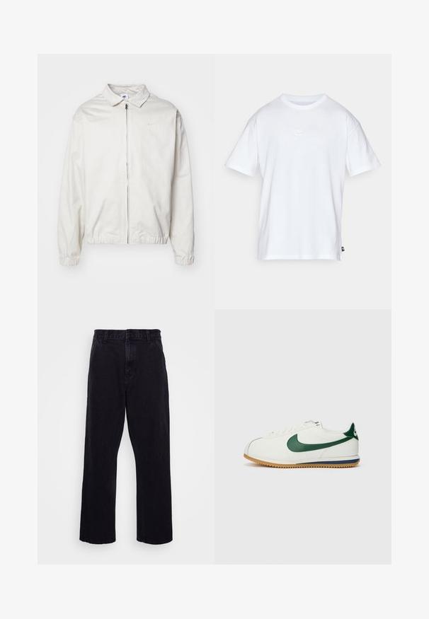 Biała, lekka kurtka Nike z kołnierzykiem, zamek błyskawiczny z przodu, elastycznymi mankietami oraz małym logo na lewej piersi. Gładka faktura.; Biała bawełniana koszulka z krótkim rękawem i okrągłym dekoltem. Posiada małe, dyskretne logo Nike na piersi oraz metkę po boku.; Czarne dżinsowe spodnie o prostym kroju, z zapięciem na guzik i zamek błyskawiczny, szlufkami na pasek oraz minimalnymi detalami w szwach.; Sneakerzy Nike z białą skórzaną cholewką, zielonymi akcentami, gumową podeszwą z teksturowanym bieżnikiem i klasycznym sznurowaniem.