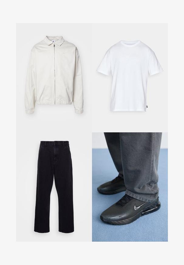 Casaco Nike branco e leve, com gola, fecho frontal, punhos elásticos e um pequeno logótipo no lado esquerdo do peito. Textura suave.; T-shirt de algodão branco com mangas curtas e decote redondo. Apresenta um pequeno e discreto logótipo da Nike no peito e uma etiqueta lateral.; Calças de denim pretas com um design de perna reta, apresentando um fecho de botão e zíper, passantes para cinto e detalhes de costura mínimos.; Sapatilhas Nike pretas de desporto com um upper texturizado, detalhes perfurados e uma unidade de amortecimento visível, combinadas com calças cinzas.