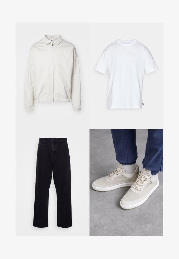 Weiße, leichte Nike-Jacke mit kragenförmigem Ausschnitt, Reißverschluss vorne, elastischen Bündchen und einem kleinen Logo auf der linken Brust. Glatte Textur.; Weißes Baumwoll-T-Shirt mit kurzen Ärmeln und Rundhalsausschnitt. Verfügt über ein kleines, dezentes Nike-Logo auf der Brust und ein seitliches Etikett.; Schwarze Jeanshose mit geradem Bein, ausgestattet mit einem Knopf- und Reißverschluss, Gürtelschlaufen und minimalen Nähdetails.; Beiger Sneaker aus strukturiertem Material, runde Zehenform, mit Schnürsenkeln und minimalistischem Design. Weiße Sohle mit hellbraunen Akzenten. Trägt man zu navy Jogginghosen.