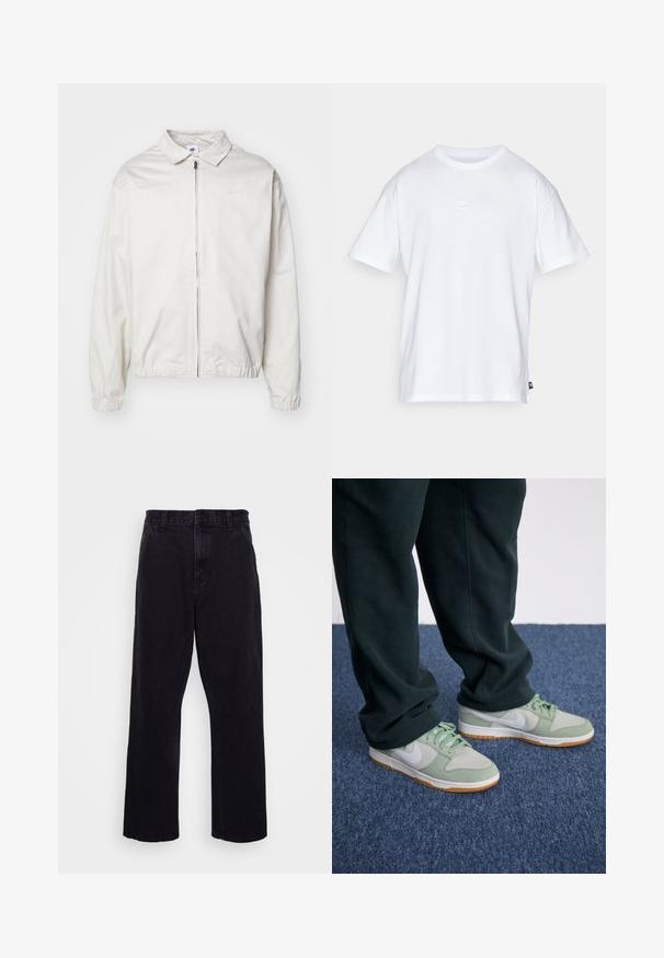 Fehér, könnyű Nike dzseki, galléros nyakkal, elöl cipzárral, elasztikus mandzsettákkal és kis logóval a bal melle részén. Simaszerű textúra.; Fehér pamut póló, rövid ujjakkal és kerek nyakkivágással. Jellemzője egy kis, diszkrét Nike logó a mellkason és egy oldalsó címke.; Fekete farmernadrág egyenes szárú kialakítással, gombos és cipzáros záródással, övzőkór és minimális varrási részletekkel.; Nike Sportswear DUNK LOW RETRO SE - Sportcipő - jade horizon/summit white/light silver/light brown