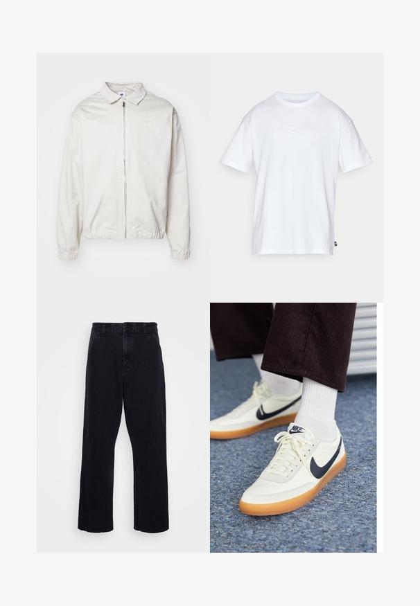 Casaco Nike branco e leve, com gola, fecho frontal, punhos elásticos e um pequeno logótipo no lado esquerdo do peito. Textura suave.; T-shirt de algodão branco com mangas curtas e decote redondo. Apresenta um pequeno e discreto logótipo da Nike no peito e uma etiqueta lateral.; Calças de denim pretas com um design de perna reta, apresentando um fecho de botão e zíper, passantes para cinto e detalhes de costura mínimos.; Ténis Nike em pele branca com um swoosh azul-marinho, apresentando uma sola de borracha de cor castanha e cordões brancos, combinados com meias brancas de cano curto e calças escuras de veludo cotelê.
