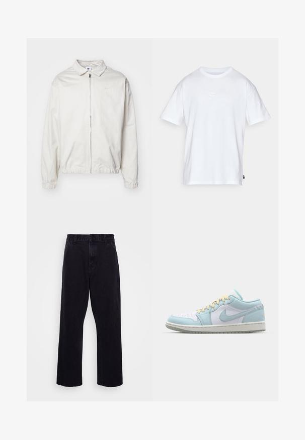 Λευκή, ελαφριά ζακέτα Nike με γιακά, μπροστινό φερμουάρ, ελαστικές μανσέτες και μικρό λογότυπο στο αριστερό στήθος. Απαλή υφή.; Λευκό βαμβακερό μπλουζάκι με κοντά μανίκια και στρογγυλή λαιμόκοψη. Διαθέτει ένα μικρό, διακριτικό λογότυπο Nike στο στήθος και μια ετικέτα στο πλάι.; Μαύρα τζιν παντελόνια με ίσια γραμμή, διαθέτουν κλείσιμο με κουμπί και φερμουάρ, θηλιές ζώνης και ελάχιστες ραφές.; Ανοιχτό μπλε και λευκά αθλητικά παπούτσια με δερμάτινη και σουέτ υφή. Διαθέτουν κίτρινες κορδόνες, κυκλικό σχέδιο στη μύτη και καουτσούκ σόλα.