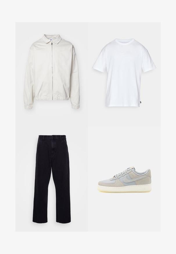 Casaco Nike branco e leve, com gola, fecho frontal, punhos elásticos e um pequeno logótipo no lado esquerdo do peito. Textura suave.; T-shirt de algodão branco com mangas curtas e decote redondo. Apresenta um pequeno e discreto logótipo da Nike no peito e uma etiqueta lateral.; Calças de denim pretas com um design de perna reta, apresentando um fecho de botão e zíper, passantes para cinto e detalhes de costura mínimos.; Sapatilha cinza com uma combinação de materiais de camurça e malha, com sola de borracha, a parte superior acolchoada e detalhes discretos da marca.