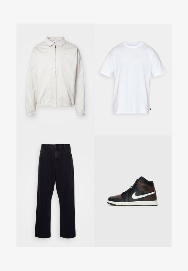 White, lightweight Nike jacket with a collared neckline, front zipper, elastic cuffs, and a small logo on the left chest. Smooth texture.; White cotton t-shirt with short sleeves and a round neck. Features a small, subtle Nike logo on the chest and a side label.; Black denim trousers with a straight leg design, featuring a button and zip closure, belt loops, and minimal stitching details.; Black and brown high-top sneakers with leather upper, white swoosh logo, perforated toe, and rubber sole. Features black laces and collar.