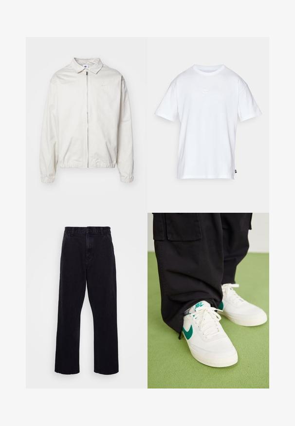 Weiße, leichte Nike-Jacke mit kragenförmigem Ausschnitt, Reißverschluss vorne, elastischen Bündchen und einem kleinen Logo auf der linken Brust. Glatte Textur.; Weißes Baumwoll-T-Shirt mit kurzen Ärmeln und Rundhalsausschnitt. Verfügt über ein kleines, dezentes Nike-Logo auf der Brust und ein seitliches Etikett.; Schwarze Jeanshose mit geradem Bein, ausgestattet mit einem Knopf- und Reißverschluss, Gürtelschlaufen und minimalen Nähdetails.; Weiße Ledersneaker mit grünen Akzenten und Logo, ausgestattet mit flachen Schnürsenkeln und strukturierten Sohlen, getragen mit lockeren schwarzen Cargo-Hosen.