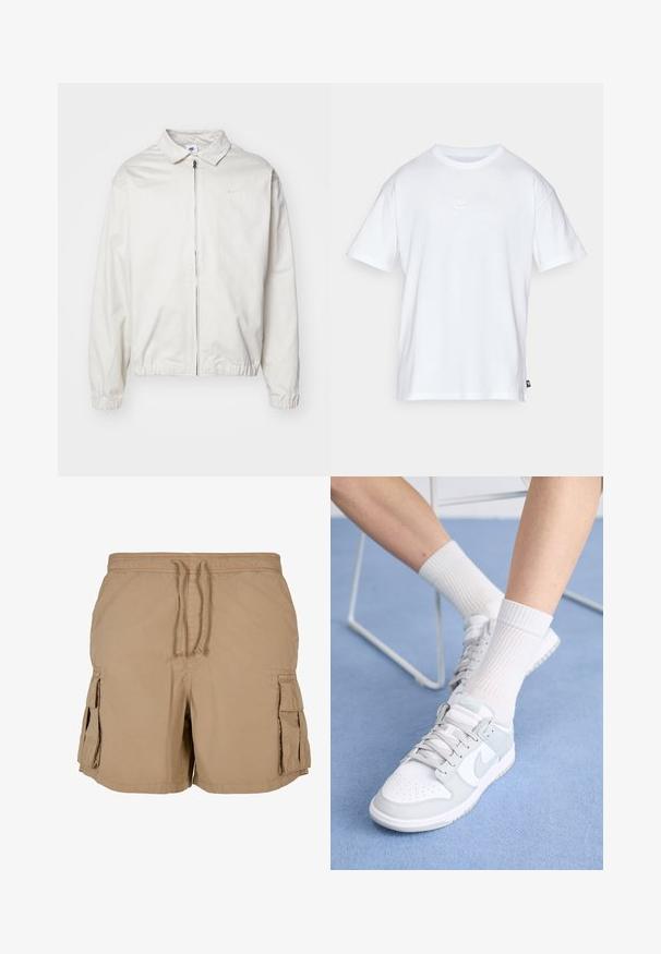 Hvid, letvægts Nike-jakke med kravehals, lynlås foran, elastiske ærmer og et lille logo på venstre bryst. Glat tekstur.; Hvid bomulds T-shirt med korte ærmer og rund hals. Har et lille, diskret Nike-logo på brystet og et sidelabel.; Beige cargo shorts lavet af letvægtsstof med snoretræk i taljen, to sidelommer og to cargo-lommer. Simpelt, praktisk design.; Hvide sneakers med lyseblå accenter, læderoverdel, perforeret tå, tykke snørebånd og ribbede hvide sokker mod en blå baggrund.