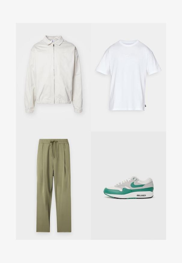 White, lightweight Nike jacket with a collared neckline, front zipper, elastic cuffs, and a small logo on the left chest. Smooth texture.; White cotton t-shirt with short sleeves and a round neck. Features a small, subtle Nike logo on the chest and a side label.; Olive green pants with an elastic waistband and drawstring. Features a smooth texture and pleated design for a relaxed fit.; Nike Air Max 1 sneakers featuring a gray mesh upper, green leather accents, white laces, and a visible air unit in the sole.