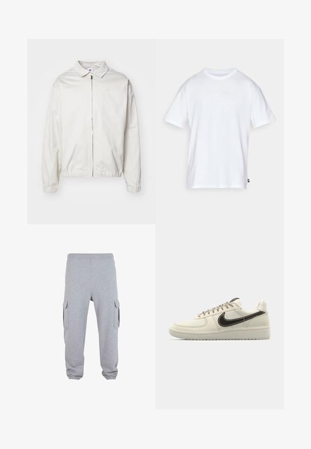 Hvit, lett Nike-jakke med kragehals, glidelås foran, elastiske mansjetter og en liten logo på venstre bryst. Glatt tekstur.; Hvit bomull t-skjorte med korte ermer og rund hals. Har en liten, subtil Nike-logo på brystet og en sidelapp.; Grå joggebukser laget av myk stoff med to sidelommer, elastisk midjebånd og elastiske mansjetter ved anklene.; Beige skinnesneakers med hvit gummisåle, med en mørkebrun swoosh, sydd detaljer og grå snører.