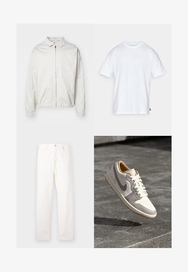 Bijela, lagana Nike jakna s ovratnikom, prednjim patentnim zatvaračem, elastičnim rukavima i malim logom na lijevoj strani prsa. Glatka tekstura.; Bijela pamučna majica s kratkim rukavima i okruglim izrezom. Ima mali, diskretni Nike logo na prsima i oznaku sa strane.; Bijele traperice s ravnim nogavicama, s prednjim džepovima, metalnim kopčanjem i klasičnom šavom.; Niske tenisice od of-white kože sivi naglasci. Sadrže perforirani prednji deo, bijele vezice i đon od gumenog drveta. Crveni logo na peti.