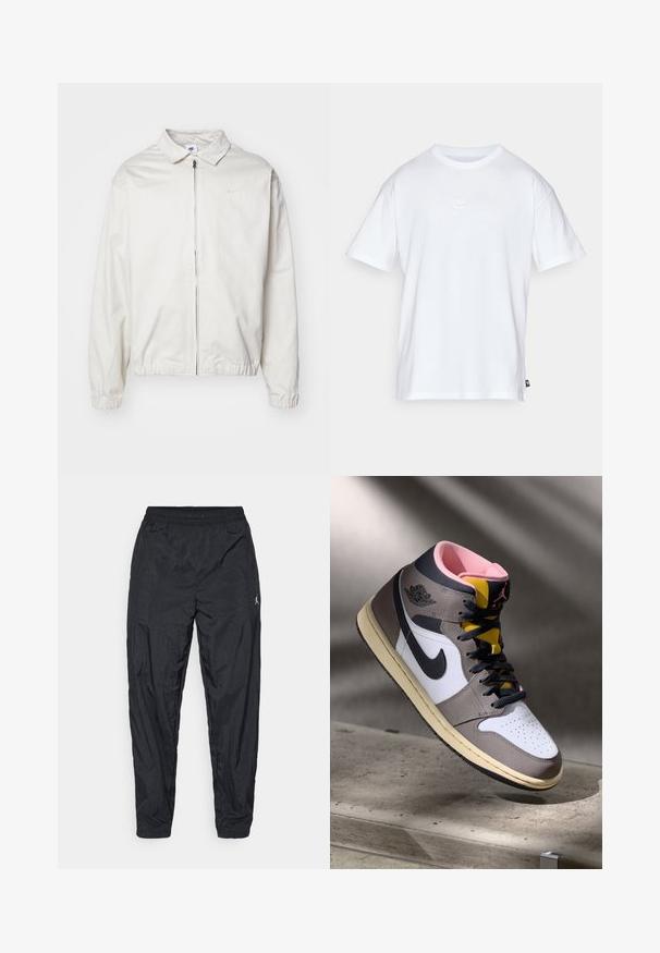 Jachetă Nike albă, ușoară, cu guler, fermoar frontal, manșete elastice și un logo mic pe pieptul stâng. Textură netedă.; Tricou alb din bumbac, cu mâneci scurte și guler rotund. Prezintă un mic logo Nike, discret, pe piept și o eticheta pe lateral.; Pantaloni atletici negri, confecționați dintr-un material ușor. Au un tiv elastic la talie și un detaliu mic cu logo pe lateral. Design cu picior conic.; Sneaker Nike Air Jordan de tip high-top, alb, gri și negru, cu interior roz și limbă galbenă, amplasat pe o suprafață din beton.