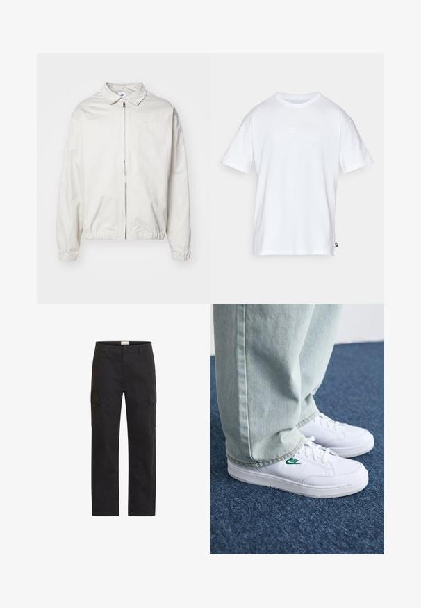 Valge, kerge Nike jakk, milles on krae, ees lukk, elastsed mansetid ja väike logo vasakul rinnal. Sile tekstuur.; Valge puuvillane t-särk lühikeste varrukatega ja ümmarguse kaelusega. Sellega on kaasas väike, tagasihoidlik Nike logo rinnal ja külgmine silt.; Mustad mustad püksid, mis on valmistatud tugevast kangast, lame esiosa, kaks küljetaskut ning sirge jala lõige. Vöökoht on kinnitatud nupuga.; Valged nahast tennisetossud rohelise Nike logo ja ümarate varvastega, lamedate taldadega, koos helesiniste teksapükstega, esitatud sinisel vaibal.