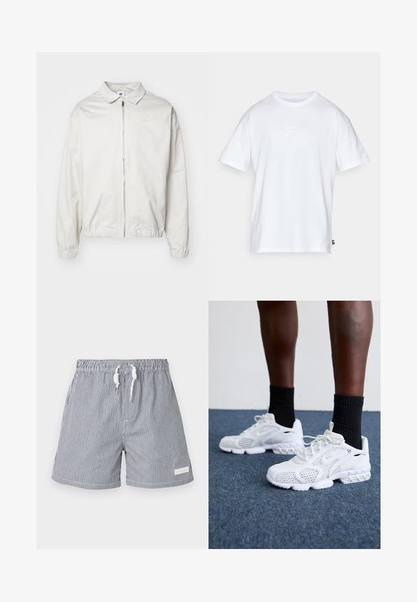 White, lightweight Nike jacket with a collared neckline, front zipper, elastic cuffs, and a small logo on the left chest. Smooth texture.; White cotton t-shirt with short sleeves and a round neck. Features a small, subtle Nike logo on the chest and a side label.; Striped swim shorts in navy and white. Made of lightweight material with an elastic waistband, drawstring closure, and side pockets.; White athletic shoes with mesh upper, textured accents, and cushioned sole. Paired with black ribbed ankle socks on a blue carpeted surface.