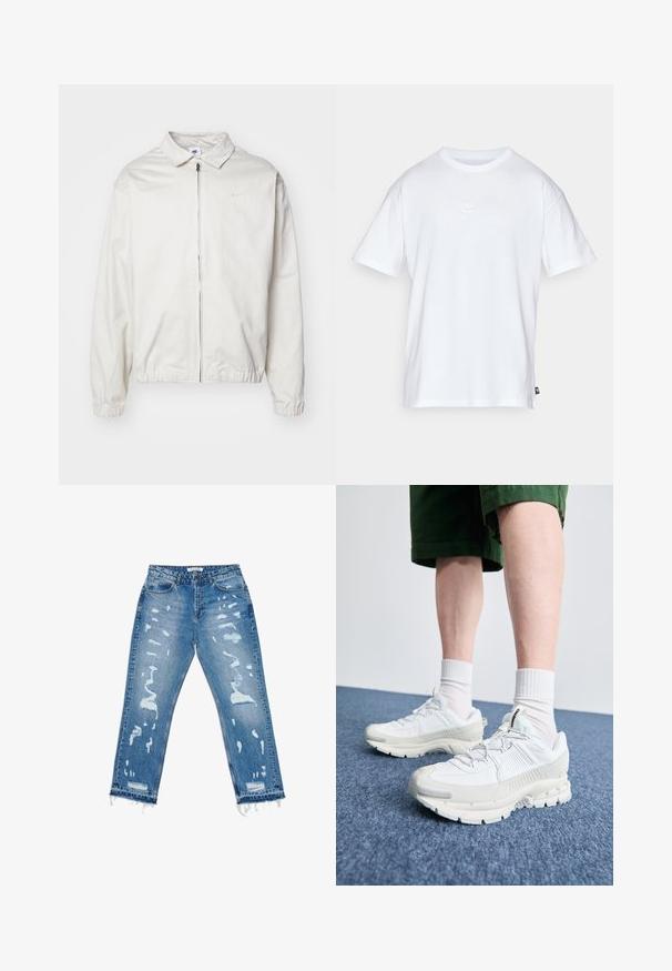Jachetă Nike albă, ușoară, cu guler, fermoar frontal, manșete elastice și un logo mic pe pieptul stâng. Textură netedă.; Tricou alb din bumbac, cu mâneci scurte și guler rotund. Prezintă un mic logo Nike, discret, pe piept și o eticheta pe lateral.; Blugi din denim albastru deschis, cu croială lejeră, detalii uzate și tivuri desfăcute. Design clasic cu cinci buzunare și accente de cusături vizibile.; Pantofi sport albi cu suprapuneri texturate, talpă masivă și accente gri. Purtați cu șosete albe până la glezne și pantaloni scurți verzi pe o suprafață albastră.